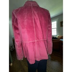 LL Bean Womens Pink Suede Leather Jacket Button Frnt Contrast Stitch Coat Medium